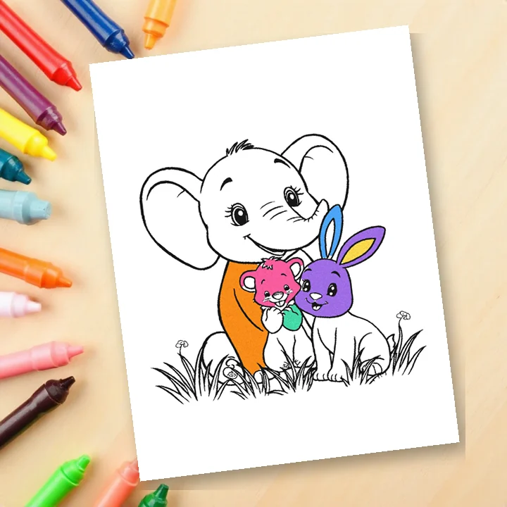 A cute animal coloring page, partly colored, lying next to crayons